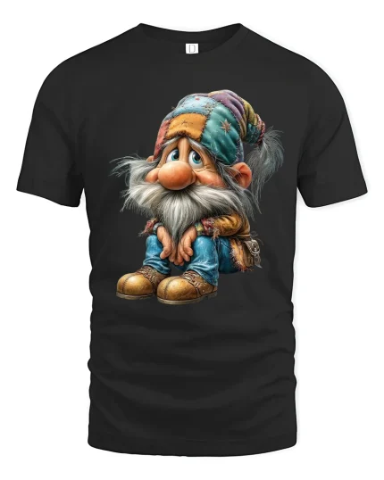 Cute Whimsical Gnome Illustration Cozy Fantasy Graphic Tshirt - black t-shirt on white background