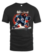 Fierce Hockey Moose Power Action Illustration Graphic Tshirt - black t-shirt on white background