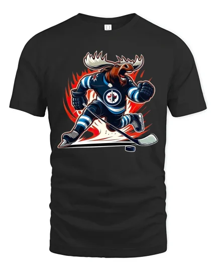Fierce Hockey Moose Power Action Illustration Graphic Tshirt - black t-shirt on white background