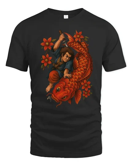 Epic Koi Fish Samurai Warrior Fantasy Illustration Graphic Tshirt - black t-shirt on white background