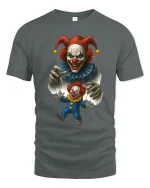 Creepy Puppet Master Evil Clown Dark Illustration Graphic Tshirt - gray t-shirt on white background