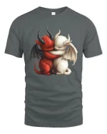 Cute Demon And Angel Hug Fantasy Love Illustration Graphic Tshirt - gray t-shirt on white background