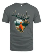 Majestic Elk And Hunter Wilderness Adventure Illustration Graphic Tshirt - gray t-shirt on white background