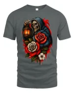 Gothic Reaper Rose Lantern Skull Art Graphic Tshirt - gray t-shirt on white background