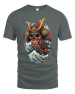 Samurai Skull Ocean Wave Warrior Art Graphic Tshirt - gray t-shirt on white background