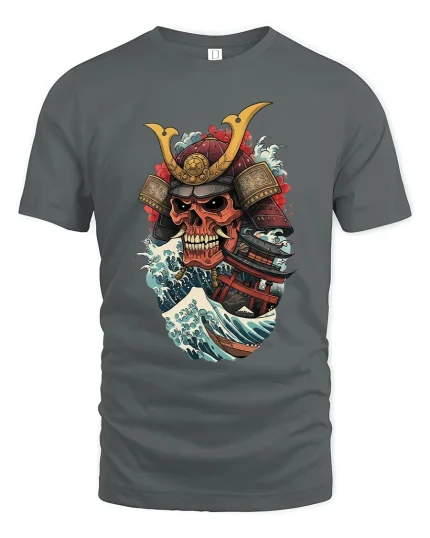 Samurai Skull Ocean Wave Warrior Art Graphic Tshirt - gray t-shirt on white background