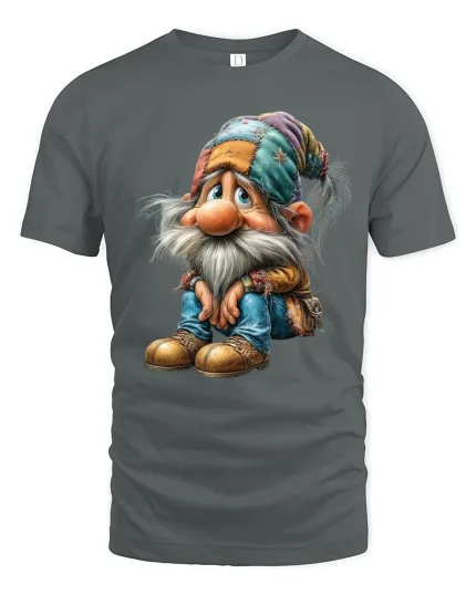 Cute Whimsical Gnome Illustration Cozy Fantasy Graphic Tshirt - gray t-shirt on white background