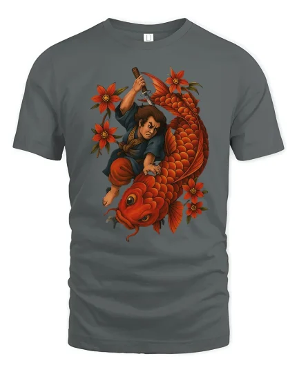 Epic Koi Fish Samurai Warrior Fantasy Illustration Graphic Tshirt - gray t-shirt on white background