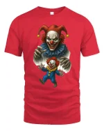 Creepy Puppet Master Evil Clown Dark Illustration Graphic Tshirt - red t-shirt on white background