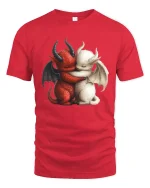 Cute Demon And Angel Hug Fantasy Love Illustration Graphic Tshirt - red t-shirt on white background