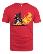 Brave Firefighter Battling Flames Heroic Action Illustration Tshirt - red t-shirt on white background