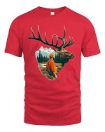 Majestic Elk And Hunter Wilderness Adventure Illustration Graphic Tshirt - red t-shirt on white background