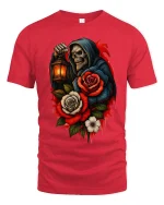 Gothic Reaper Rose Lantern Skull Art Graphic Tshirt - red t-shirt on white background