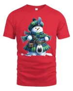 Funny Snowman Scottish Kilt Winter Art Graphic Tshirt - red t-shirt on white background