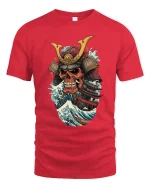 Samurai Skull Ocean Wave Warrior Art Graphic Tshirt - red t-shirt on white background
