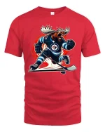 Fierce Hockey Moose Power Action Illustration Graphic Tshirt - red t-shirt on white background