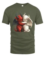Cute Demon And Angel Hug Fantasy Love Illustration Graphic Tshirt - military green t-shirt on white background
