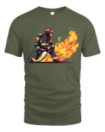 Brave Firefighter Battling Flames Heroic Action Illustration Tshirt - military green t-shirt on white background