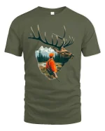 Majestic Elk And Hunter Wilderness Adventure Illustration Graphic Tshirt - military green t-shirt on white background