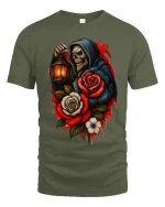 Gothic Reaper Rose Lantern Skull Art Graphic Tshirt - military green t-shirt on white background