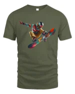 Epic Snowboard Air Trick Colorful Action Sports Art Graphic Tshirt - military green t-shirt on white background