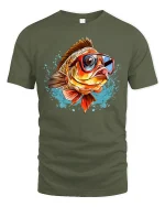 Funny Cool Fish Wearing Sunglasses Splash Art Graphic Tshirt - military green t-shirt on white background