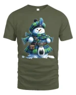 Funny Snowman Scottish Kilt Winter Art Graphic Tshirt - military green t-shirt on white background