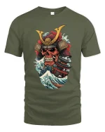 Samurai Skull Ocean Wave Warrior Art Graphic Tshirt - military green t-shirt on white background