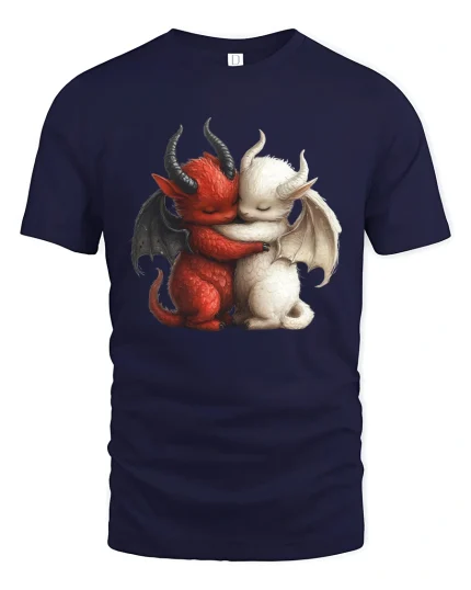 Cute Demon And Angel Hug Fantasy Love Illustration Graphic Tshirt - navy t-shirt on white background