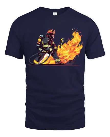 Brave Firefighter Battling Flames Heroic Action Illustration Tshirt - navy t-shirt on white background
