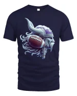 Viking Warrior Football Helmet Power Mythic Art Graphic Tshirt - navy t-shirt on white background