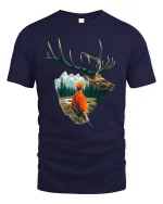 Majestic Elk And Hunter Wilderness Adventure Illustration Graphic Tshirt - navy t-shirt on white background