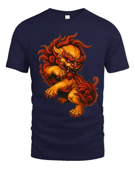Fierce Guardian Lion Fire Spirit Asian Myth Art Graphic Tshirt - navy t-shirt on white background
