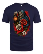 Gothic Reaper Rose Lantern Skull Art Graphic Tshirt - navy t-shirt on white background