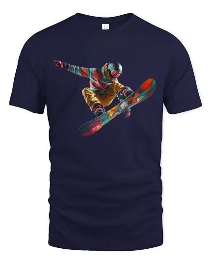 Epic Snowboard Air Trick Colorful Action Sports Art Graphic Tshirt - navy t-shirt on white background