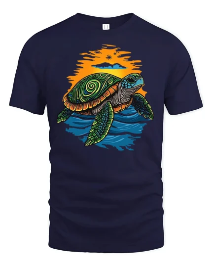 Colorful Sea Turtle Sunset Ocean Wildlife Art Graphic Tshirt - navy t-shirt on white background