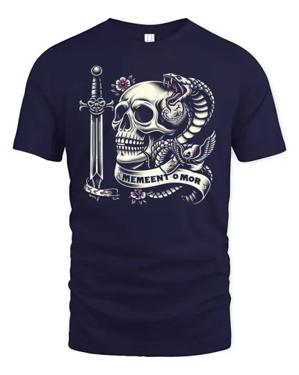 Memento Mori Skull Snake Dagger Dark Tattoo Art Graphic Tshirt - navy t-shirt on white background
