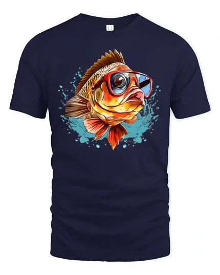 Funny Cool Fish Wearing Sunglasses Splash Art Graphic Tshirt - navy t-shirt on white background