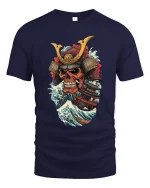 Samurai Skull Ocean Wave Warrior Art Graphic Tshirt - navy t-shirt on white background