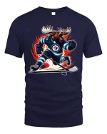 Fierce Hockey Moose Power Action Illustration Graphic Tshirt - navy t-shirt on white background