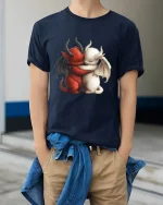 Cute Demon And Angel Hug Fantasy Love Illustration Graphic Tshirt - model wearing navy tee with hands in pockets
