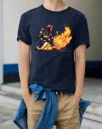 Brave Firefighter Battling Flames Heroic Action Illustration Tshirt - model wearing navy tee with hands in pockets