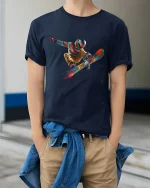 Epic Snowboard Air Trick Colorful Action Sports Art Graphic Tshirt - model wearing navy tee with hands in pockets