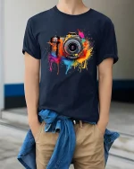 Color Splash Camera Art Creative Photography Graphic Tshirt - model wearing navy tee with hands in pockets
