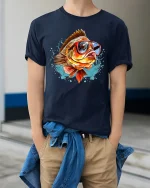 Funny Cool Fish Wearing Sunglasses Splash Art Graphic Tshirt - model wearing navy tee with hands in pockets