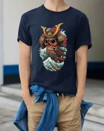 Samurai Skull Ocean Wave Warrior Art Graphic Tshirt - model wearing navy tee with hands in pockets