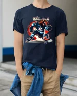 Fierce Hockey Moose Power Action Illustration Graphic Tshirt - model wearing navy tee with hands in pockets