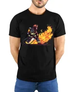 Brave Firefighter Battling Flames Heroic Action Illustration Tshirt - model wearing black tee with hands behind back