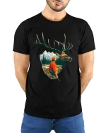 Majestic Elk And Hunter Wilderness Adventure Illustration Graphic Tshirt - model wearing black tee with hands behind back