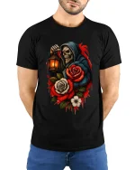 Gothic Reaper Rose Lantern Skull Art Graphic Tshirt - model wearing black tee with hands behind back